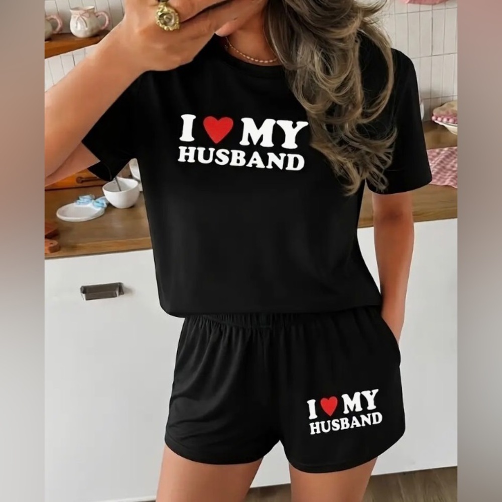 NEW I Love My Husband Pajama Set XL Black Newlywed Honeymoon Bridal Lounge